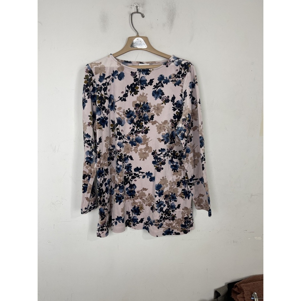 Pure Jill Womens Size L Floral Long Sleeve Top Tunic Blouse Pink Blue Brown Stre